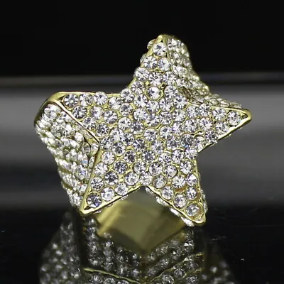 Mens Iced Star Pinky Ring Cz Band 14k Gold Plated Hip Hop Jewelry • $8.99