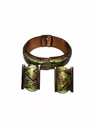 Matisse Renoir MCM Vtg Copper Enamel Hinged Bangle Bracelet & Clip Earrings Set • $59.99