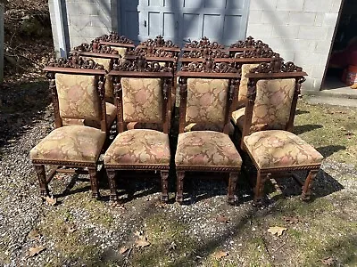 Set Of 12 Carved Man Figure Oak Dining Chairs • $7895