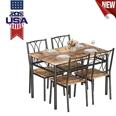 5 Piece Kitchen Dining Set Metal Table And 4 Wood/Upholstered Chairs Furniture • $174.79
