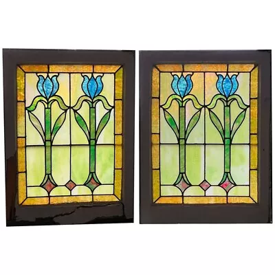 Pair Antique American Art Nouveau Stained And Leaded Glass Tulip Windows C. 1904 • $895