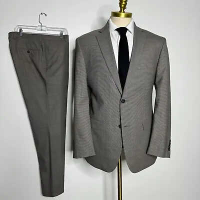 Jos A Bank Tailored Fit Suit Mens Brown Houndstooth Wool 42L 36W (See Descrip) • $55.99