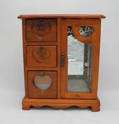 Wood Jewelry Armoire Box Etched Glass Doors Mirror Necklace Carousel 3 Drawers • $45