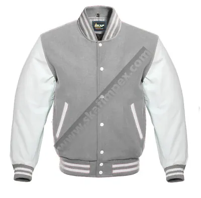 Varsity Letterman Baseball Bomber Jacket Grey Wool & White Real Leather Sleeves • $164.99