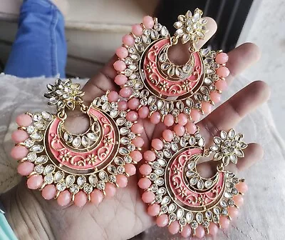 Gold Plated Bollywood Style Indian Kundan Peach Earrings Tikka Jewelry Set • $34.27