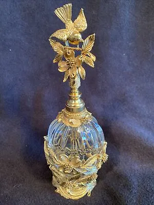 Vintage Matson Gold Plated Ormolu Glass Perfume Bottle W/ Dauber Bird Blossoms • $99