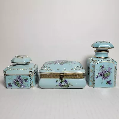 Vintage Blue Porcelain Vanity Dresser 3 Pc Set Hand Painted Flowers Rhinestones • $149.99