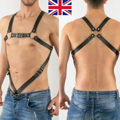 Men Punk PU Leather Suspenders Chest Harness Belts Adjustable Sexy Male Bondage • £9.95