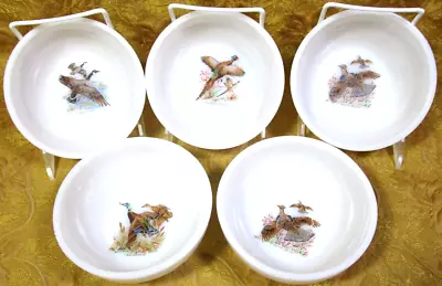 5 Vintage FIRE KING White Milk Glass CEREAL BOWLS - 4 Different Game Birds • $20