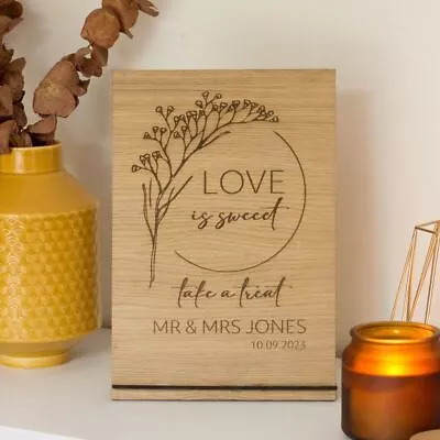 Personalised Love Is Sweet Wood Wreath Sign | Wedding Treat Sweet Bar Keepsake • £13.15