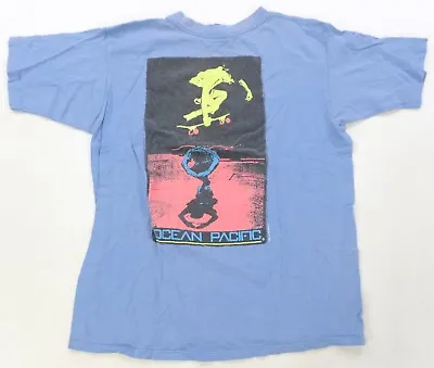 Rare VTG OCEAN PACIFIC Spell Out Surfing Skateboarding 1990 T Shirt 90s Blue M • $29.99