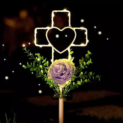 16 Inch Solar Cross Garden Stake Lights With 1 Artificial Flower Metal Garden Ar • $27.99