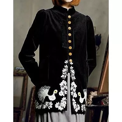 Anthropologie Elevenses Black Bird Embroidered Coat Sz 2 Corduroy Vintage Style • $68