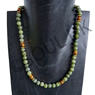 Olive Green Jade & Tigers Eye Abundance Crystal Healing Beaded Necklace Mens • £21
