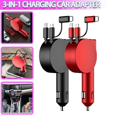 Retractable USB C Fast Car Charger- Dual Port USB Cables 3in1 Multiple Cables • $19.99