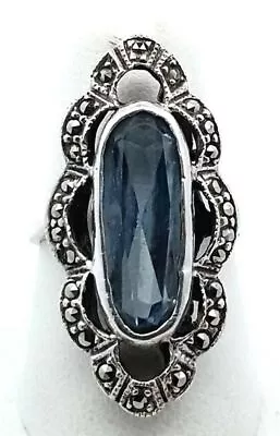 Vintage Art Deco 925 Sterling Silver Oval Blue Aqua Marine/Marcasite Ring Sz 7 • $90