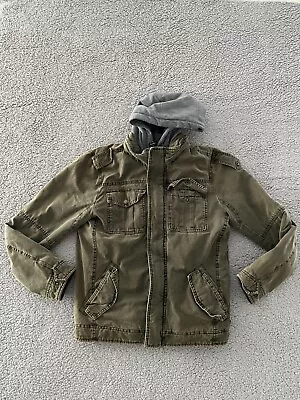 Levis Jacket Mens Small Green Sherpa Lined Detachable Hood Snap Zipper Up Pocket • $38.24