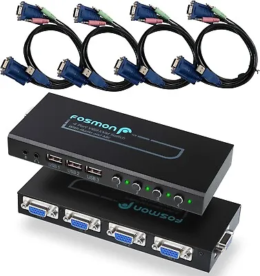Fosmon 4-Port VGA KVM Switch 3 USB Hubs 1 Audio Output 4 VGA Cables • $34.99