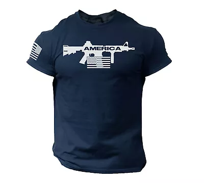 Men America Gun T Shirt US Flag 2nd Amendment Military Veteran  T-Shirt • $14.90