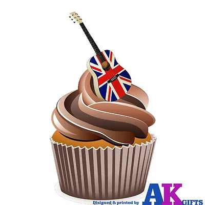 PRECUT Union Jack Acoustic Guitars 12 Edible Cupcake Toppers Party Decorations • £3.99