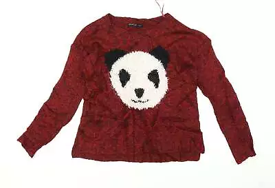 Heart And Soul Womens Red Round Neck Acrylic Pullover Jumper Size 10 - Panda Fac • £5.75