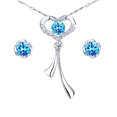 Lovely Blue Topaz Heart Cut Pendant Necklace & Earring Set .925 Sterling Silver • $36.74