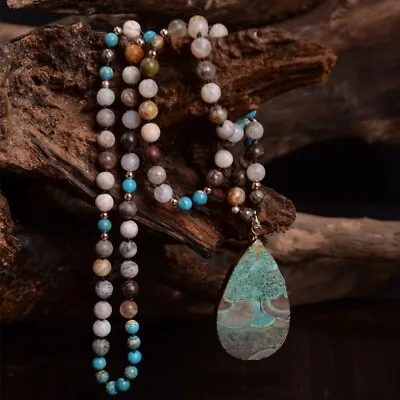 Natural Amazonite Gemstone Mala Beads Healing Meditation Long Women Men Necklace • $18.98