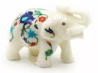 2.5  White Marble Elephant Statue Lapis Multi Gemstone Floral Work Art • $84.48