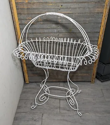 Vintage French Country Shabby Chic Victorian White Metal Wire Plant Stand Basket • $225