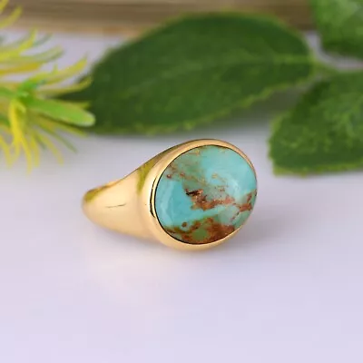 Huge Oval Kingman Turquoise Dome Ring Sterling Silver Gold Mens Chunky Ring • $76.50