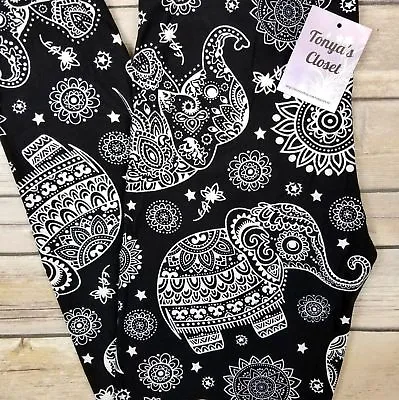 Elephant Leggings Black White Tribal Paisley Print Buttery Soft ONE SIZE OS • $10.91