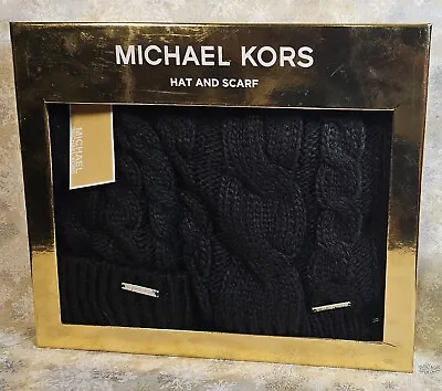 Michael Kors Hat & Scarf Boxed Set Cable Knit Black Warm & Cozy FREE SHIPPING! • $58.77