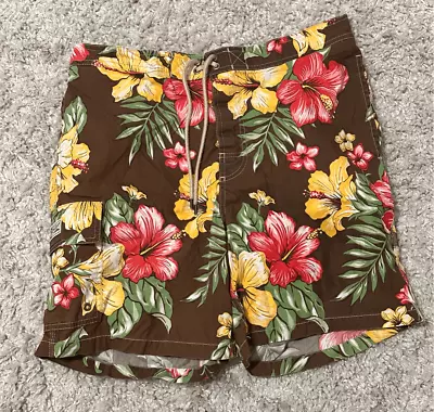 Nice Vintage Polo Ralph Lauren Men's Medium Brown Floral Cargo Swim Trunks Good • $25