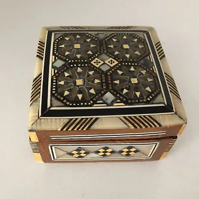 Vintage Wooden Inlaid Mother Of Pearl Trinket Box Geometric Mosaic Hinged Lined • $15.99