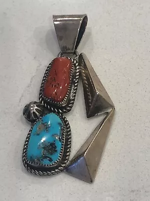 Old Pawn Tooled Sterling Modernist Turquoise Coral Large Pendant 091523bFIZHE • $89.99