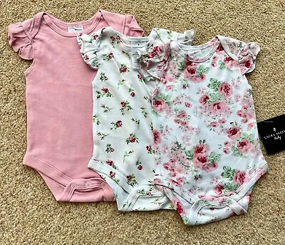 Laura Ashley Baby Girls Bodysuit 0-3 3-6 6-9 Months 3 PACK Floral Ruffle Sleeve • £4.95