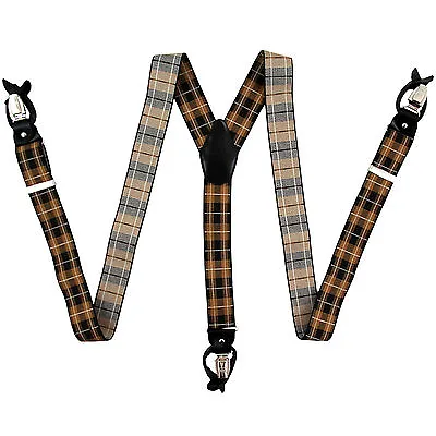 New In Box Men's Suspender Black Gold Brown Plaid Convertible Braces Buttons • $12.50