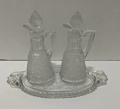 Set Of Vintage Oil And Vinegar Cruet Decanter Bottles With Glass Stoppers Tray • $27