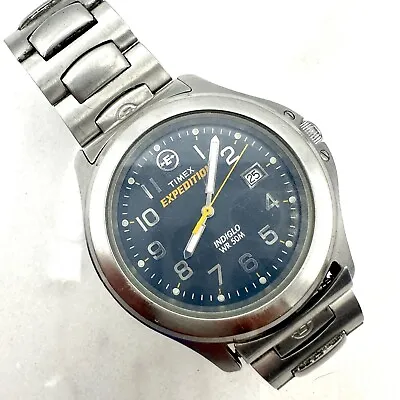 Timex Expedition Indiglo 50m WR Metal Band Blue Dial Quartz Mens Watch Working • $36.99