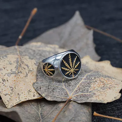 Gold Mens Marijuana Cannabis Leaf Ring Stainless Steel For Men Size 7-15 Gift • $7.99