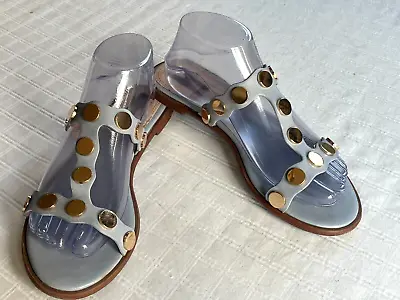 Kensie Manette Egyptian Inspired Slip On Sandals Dusty Blue Gold Hardware Sz 8.5 • $18