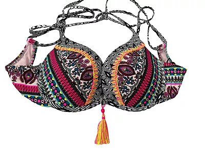 Shade & Shore Women's Bikini Top Push Up Padded Strappy Tied Tassel Boho 34B New • £12.52