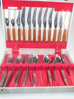 VINTAGE JAMES RYALS 37/38 Pc CUTLERY SET Stainless Steel Wooden Handles In Case • £45