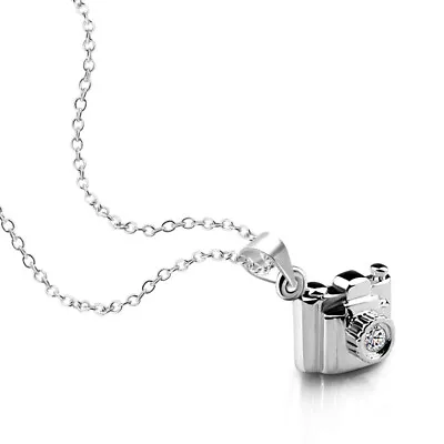 Solid 925 Sterling Silver Camera Shape Pendant CZ Rolo Chain Necklace For Women • £19.19
