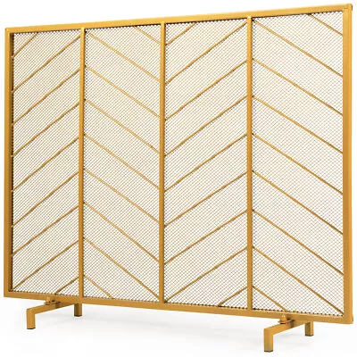 Single Panel Fireplace Screen 39 X31  Spark Guard Fence Chevron Gold Finish • $59.99