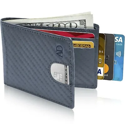 Leather Slim Wallets For Men Minimalist Bifold Mens Wallet With Pull Strap RFID • $21.99