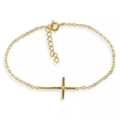 Sterling Silver Single CZ Sideways Cross Bracelet - Gold Plated • $31