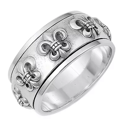 Solid 925 Sterling Silver 10.8mm Fleur-de-lis Symbol Men's Ring Band Size 7-13 • $43.98