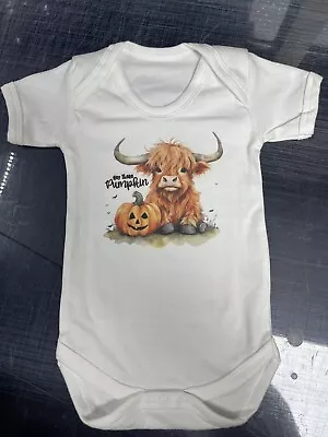 Adorable Autumn Themed Baby Grow Vest Hey There Pumpkin Highland Cow Halloween • £10.90