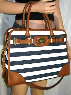 🌞michael Kors Hamilton Large Navy Blue White Stripe Brown Leather Tote Bag🌺nwt • $204.59